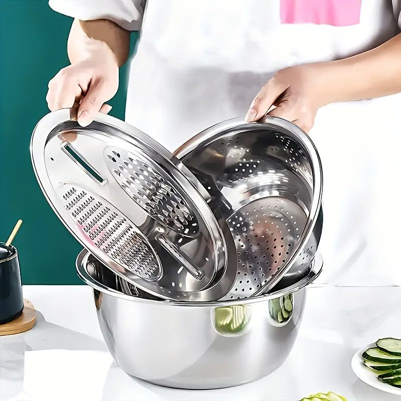 3‑in‑1 Stainless Steel Kitchen Set – Grater, Strainer & Mixing Bowl