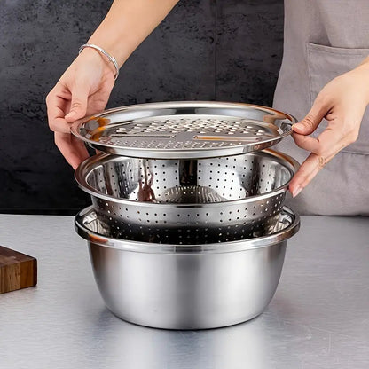 3‑in‑1 Stainless Steel Kitchen Set – Grater, Strainer & Mixing Bowl