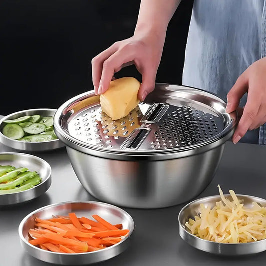 3‑in‑1 Stainless Steel Kitchen Set – Grater, Strainer & Mixing Bowl